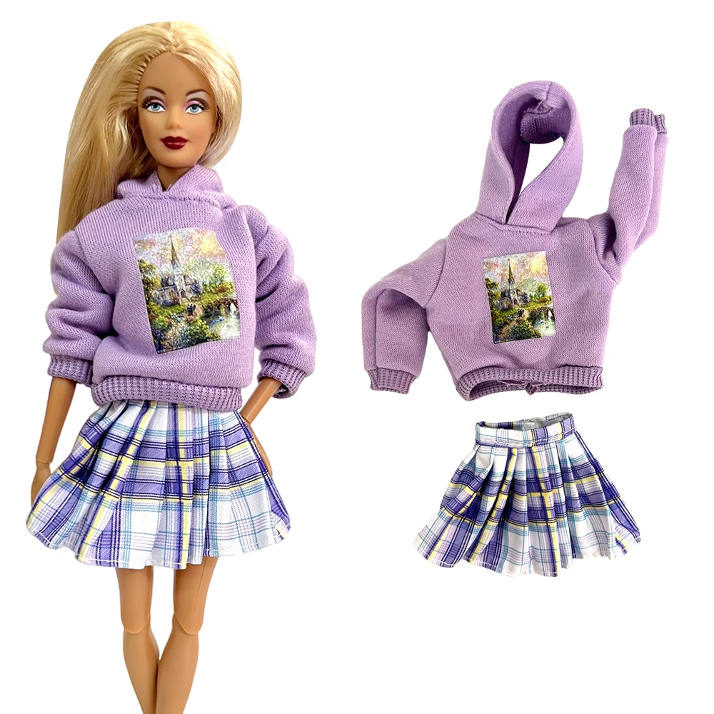 NK Official 1 Set naughty Sweatshirt Purple Plaid Skirt Casual Party Dress Crew neck Shirt For Barbie Doll 1/6 Gift