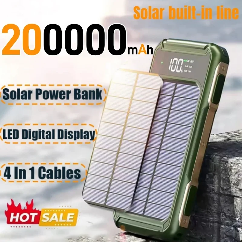 Large Capacity Solar Power Bank 4 in 1 Built in Cable Fastcharge  Mobile Power Battery LED Light iPhone Samsung Xiaomi 4