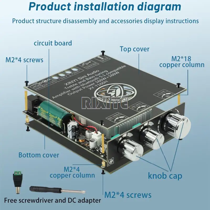Módulo Placa Amplificador de Potência de Áudio Bluetooth Ajuste de Alto Baixo Estéreo de Dois Canais Xy-t160h Tda7498e 160wx2 - Image 3