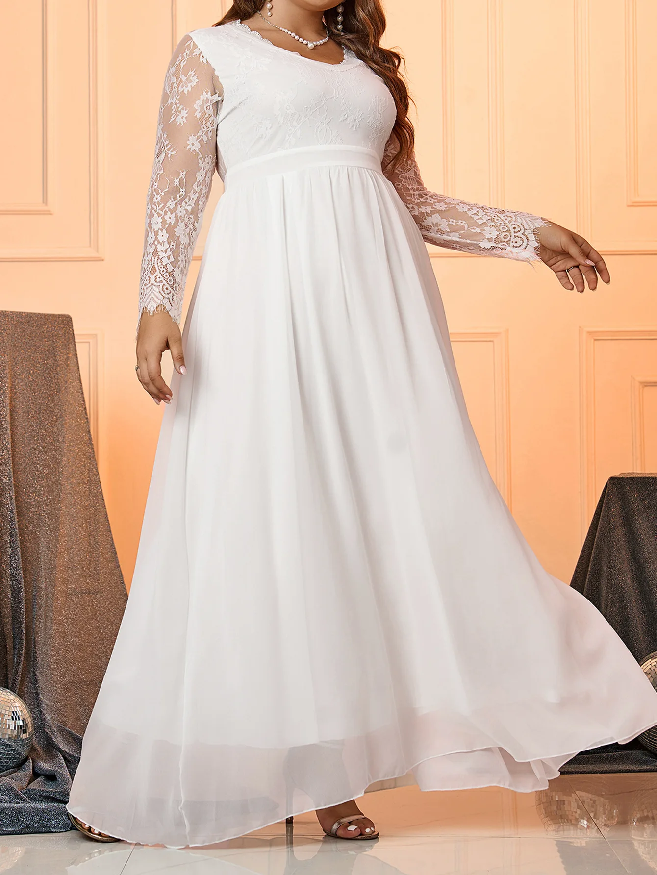Plus Size Chiffon Wedding Dress A-Line Deep V-Neck Long Sleeve Empire Bride Elegant Dresses Women Gowns Vestido De Noiva
