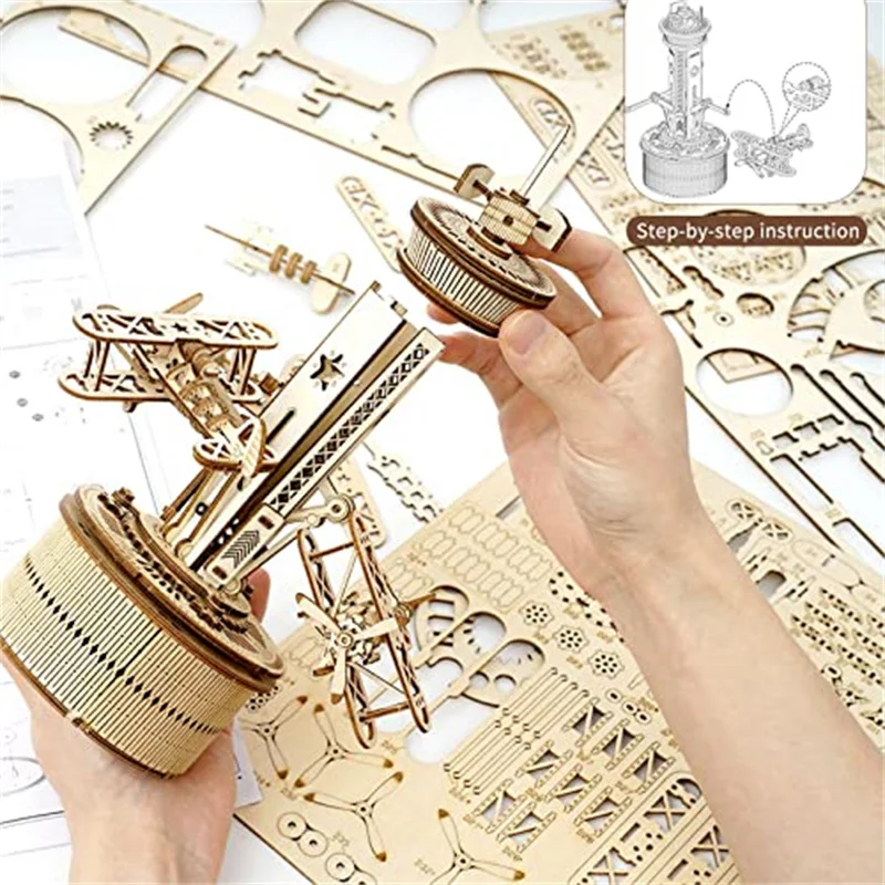 Robotime Roker 3D Wooden Puzzles for Adults DIY Musical Box Model Kit to Build Self-Assembly Building Kit Airplane-Control Tower — view 5