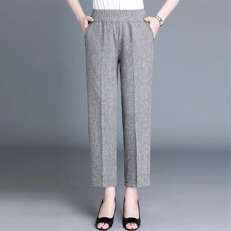 

Fdfklak Middle-Aged Elderly Mother Spring Autumn Linen Cotton Casual Pants Fashionable Women Straight Nine-Point Pant XL-5XL