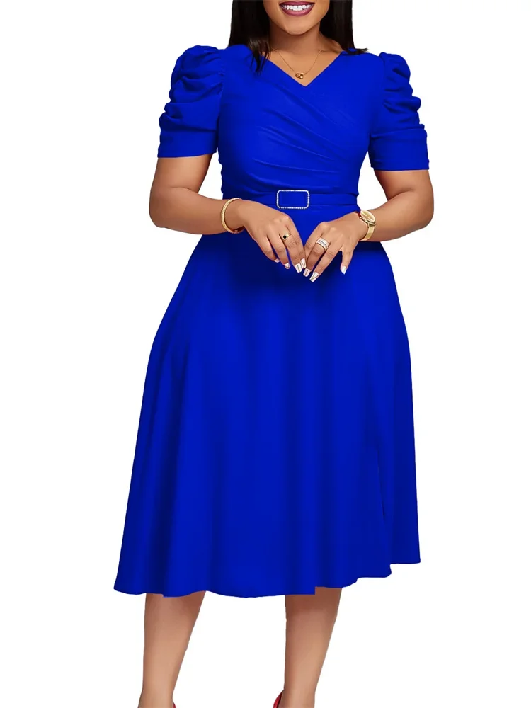 Wmstar Women Dress High Quality Summer Elegant Solid Color V Neck Short Sleeve High Waist Casual Loose Pleated Dresses Vestidos