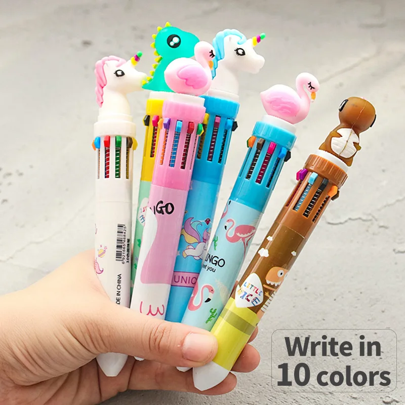 

1pcs Cute Flamingo Multi Color Ballpoint Pen Unicorn Dinosaur 0.5mm 10 In 1 Spot Liner Marker Office School A7102