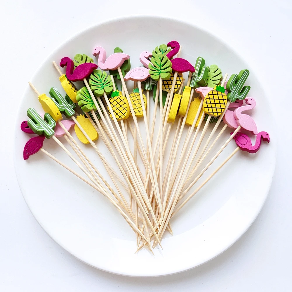 Disposable Food Picks 50/100Pcs Bamboo Skewers Hawaii Party Cupcake Fruit Fork Party Dessert Salad Stick Toothpick