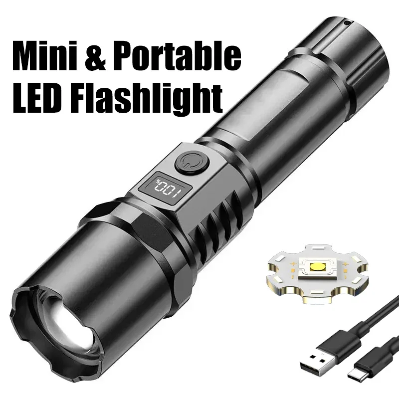 High Power LED Flashlight Long-range USB Rechargeable Flashlight Digital Zoom Hand Light Camping Outdoor Waterproof Torch