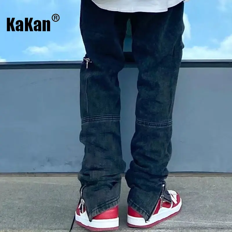 Kakan Hip Hop Multi Pocket Straight Leg Jeans, High Street Side Zipper Split Wash Black Pants Jeans K027-g50-90