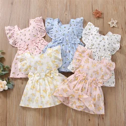 0-24 Months Baby Girls Sweet Summer Short Sleeve Romper Toddler Bowknot Floral Print Princess Dress Bodysuits Infant Clothes