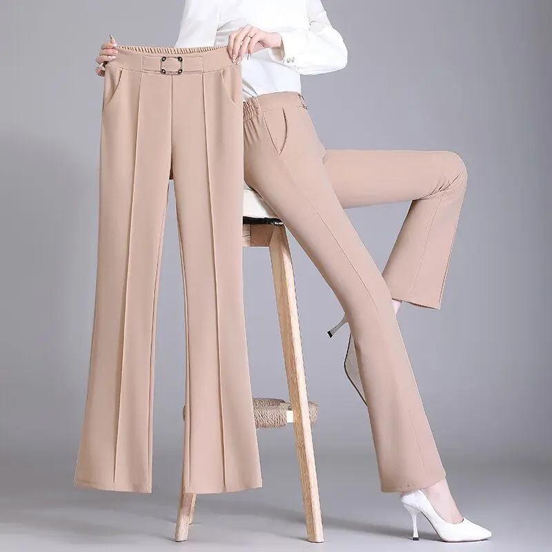 Korean Professional Micro Horn Pants Women's Autumn New High Waist Solid Pockets Slim Versatile Elastic Casual Straight Trousers titanium alloy nerve peeler straight microscopic curette pituitary scraping brain surgery micro peeler nerve puller