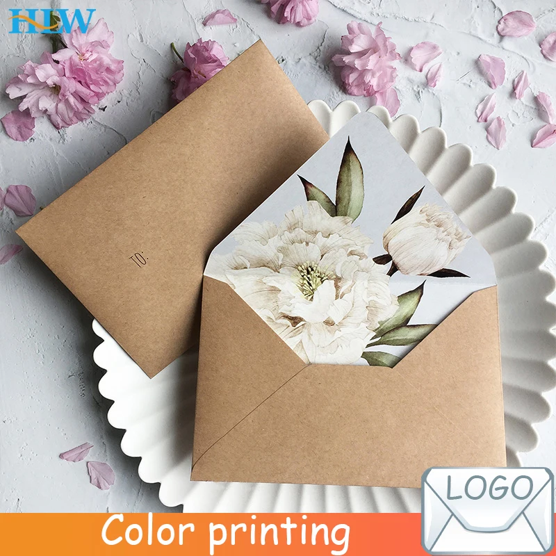 5pcs/lot Printed Lining Flower Pattern Envelope Wedding Greeting Card Vintage Kraft Paper Envelope Invitation Stationery