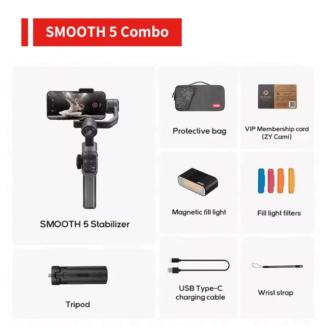 Smooth 5 Phone Gimbal 3-Axis Handheld Smartphone Stabilizer with Grip Tripod, AI