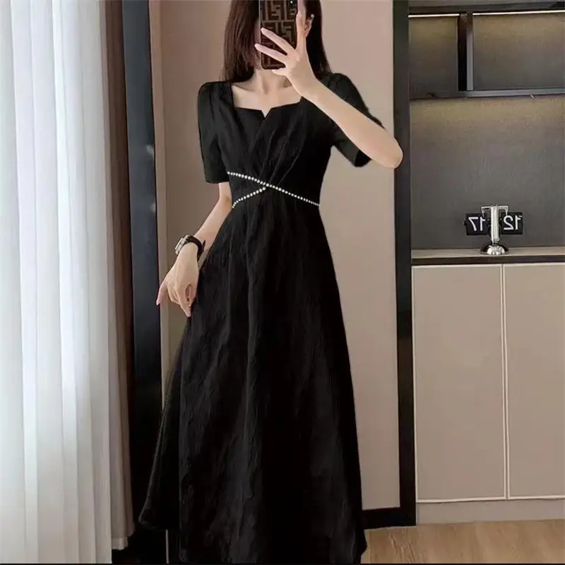 

2024 Women's Summer Retro Long Square Collar Dress Female Short Sleeve Loose Vestidos Ladies Solid Color A-line Dresses M166