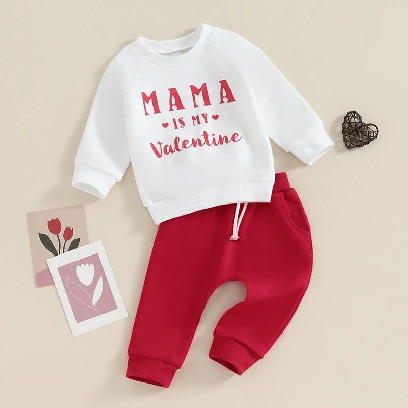 

Baby Boys Pants Set Long Sleeve Crew Neck Letters Print Sweatshirt with Elastic Waist Sweatpants Valentine’s Day Outfit