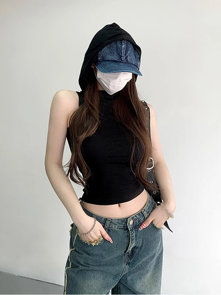Summer New Tank Top Hooded Vest Women's Tops Streetwear Design Slim Fit Sleeveless Crop Top Solid Color Girls Clothing