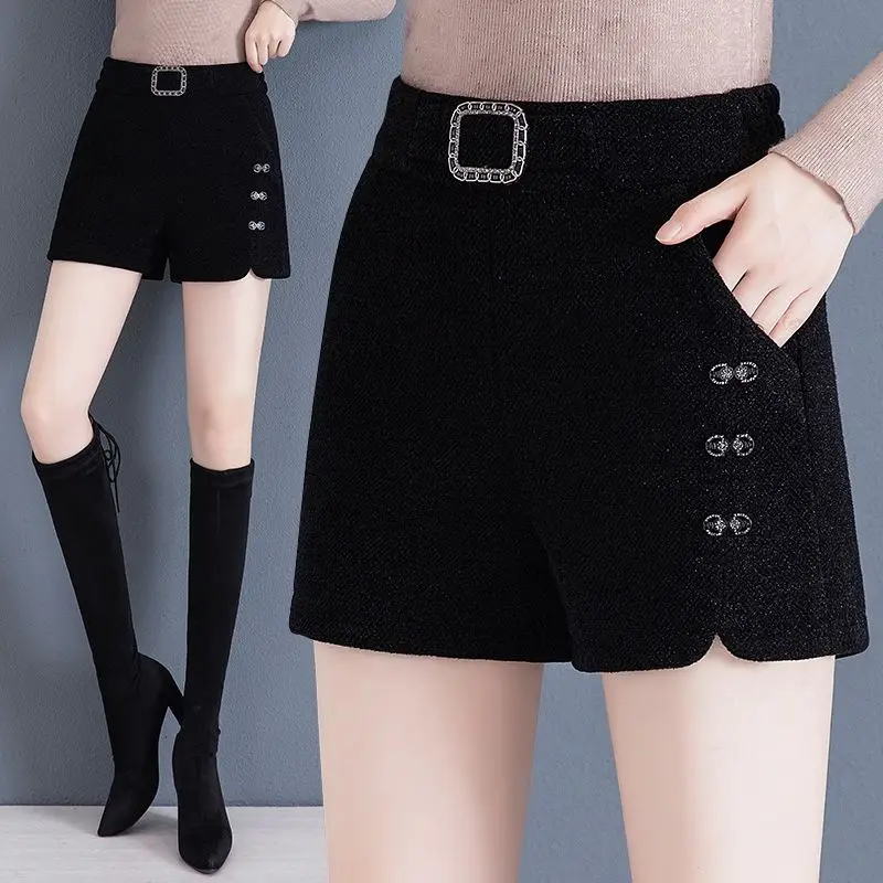 Women's High Waist Solid Button Pocket Fashion Wide Leg Pants 2023 Autumn and Winter Korean Woolen Fleece Slim Fit Casual Shorts