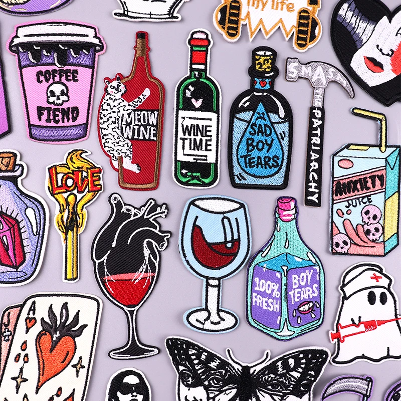 

Bottle/Wine Embroidery Patch DIY Sad Boy Tears Patch Iron On Patches For Clothing thermoadhesive Patches On Clothes Punk Sticker