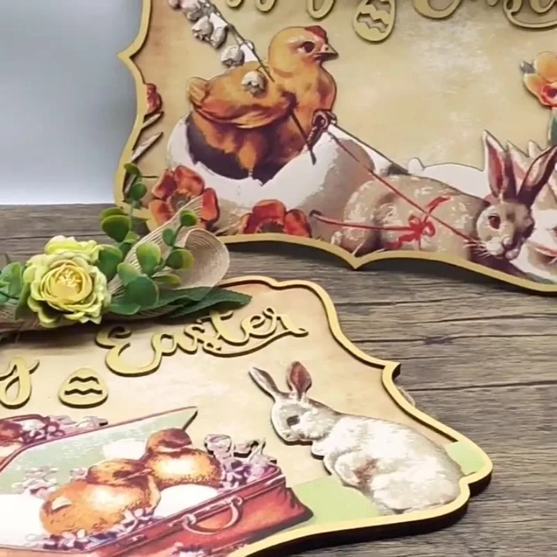 

Wooden Easter Decorative Hanger with Simulated Flower Decoration Wooden Crafts Pendant Adorable Rabbit Door Sign