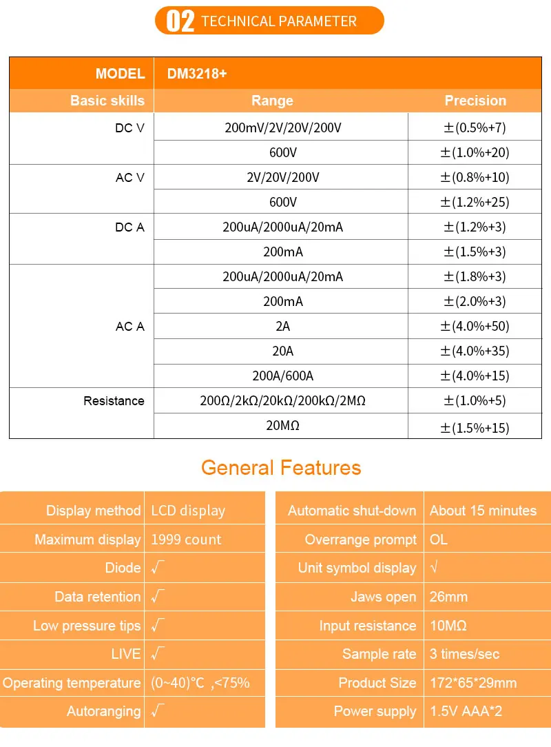 Description Picture 4 of itemVictor 3218+ Digital Clamp Multimeter Ture RMS Auto Range Diode Resistance 20MΩ Frequency AC/DC 600V 600A Live Wire Clamp Meters