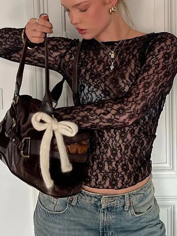 Long Sleeves See Through Lace Crop Top Solid Sexy Bodycon