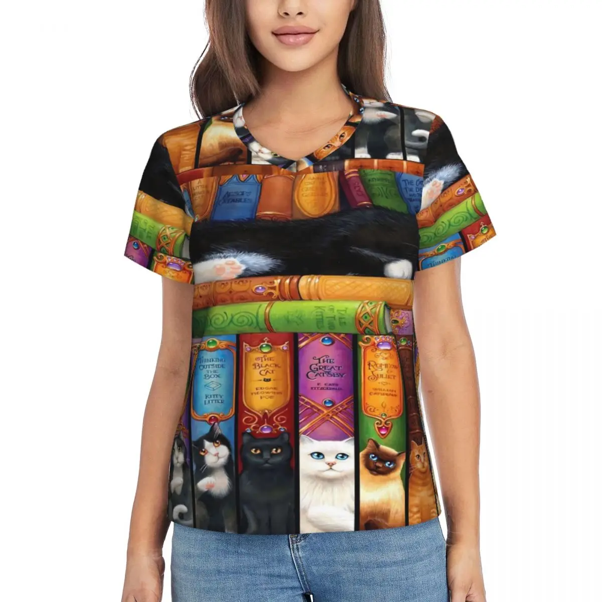 

Футболка с изображением библиотеки кошек и книг, футболки с изображением животных в стиле Харадзюку, Женская Повседневная футболка с V-образным вырезом, летняя одежда на заказ с короткими рукавами, 2024