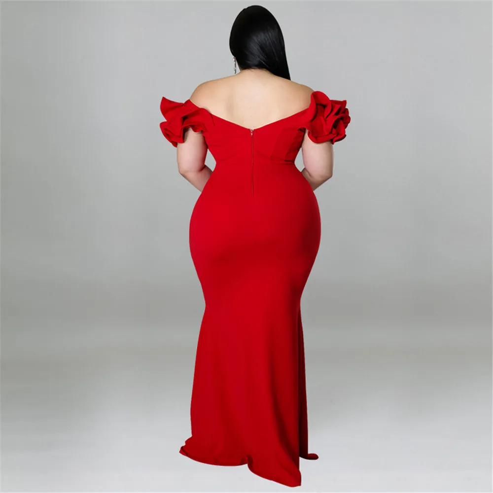 Wmstar Plus Size Dress Women Party Slip Hem Ruffle Sleeve Sexy Elegant Maxi Dresses Birthday Club Outfits Wholesale Dropshipping