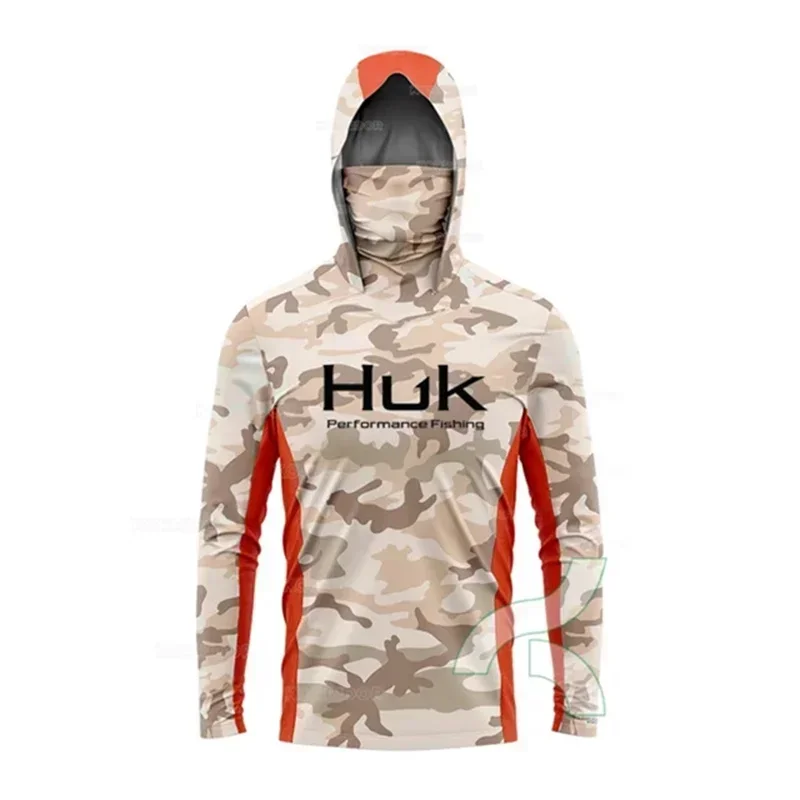 HUK Fishing Shirt Long Sleeve Anti-UV Hooded With Face Mask Seam Sealing Tape