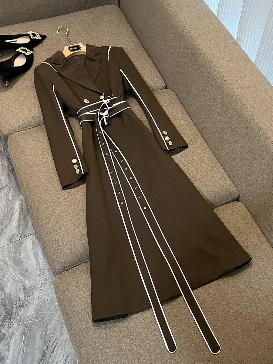

New Arrival Women Color Block Coat Long Sleeve Notched Long Length High Waist Windbreaker Jacket With Belt