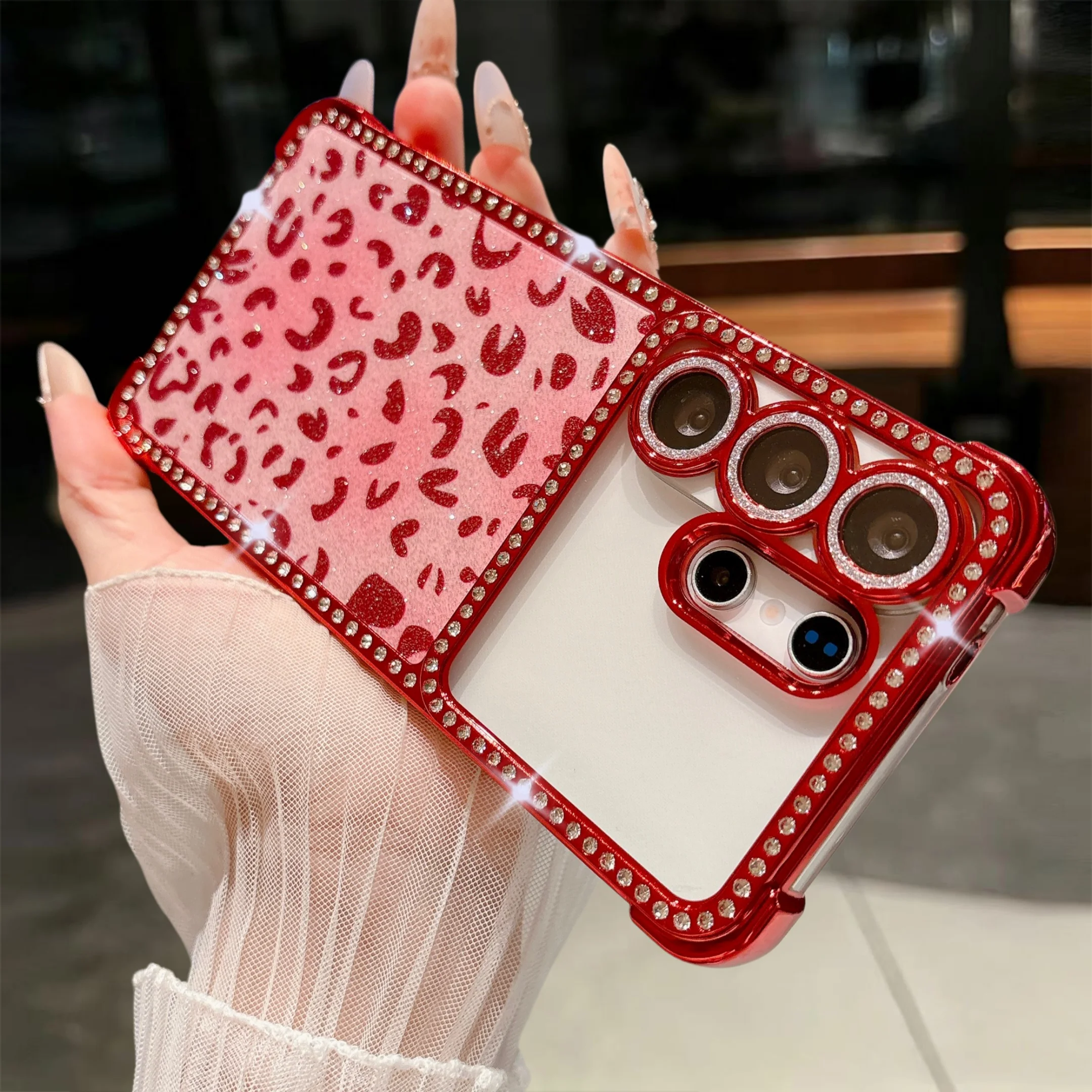 Glitter Diamond Leopard Print Phone Case with Lens Protection and Plating Shockproof Cover