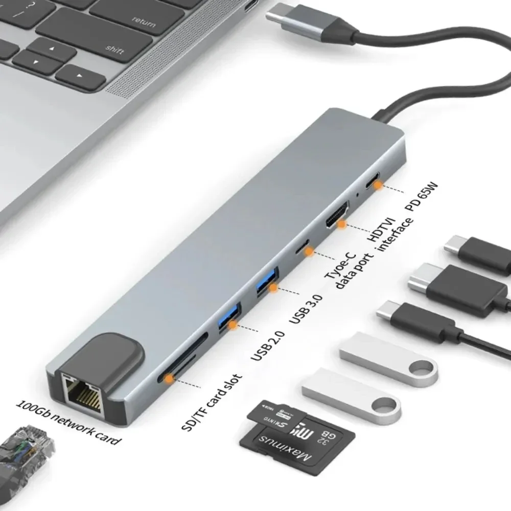 ZLRLMHY Laptop Docking Station Dual Monitor, 8 in 1 USB C Hub with HDMI, 100Mbps, 65W PD, 2 USB, SD Card Reader, USB C Dock Comp