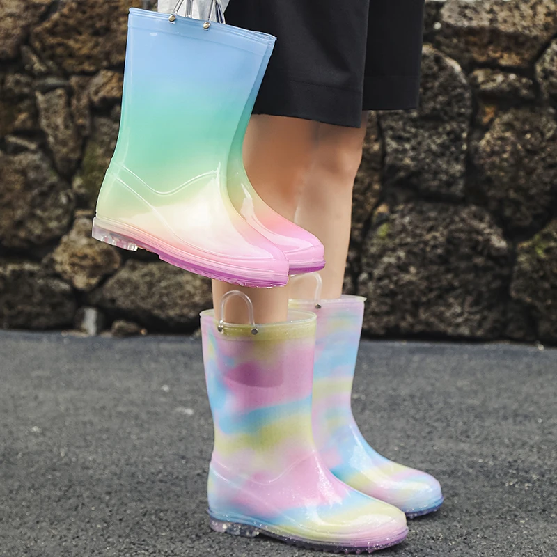 STRONGSHEN Women Rainbow Rain Boots Clear Round Toe Flat Pull on Mid Calf Boot Luxury Designer WaterProof Jelly Soles Women Shoe