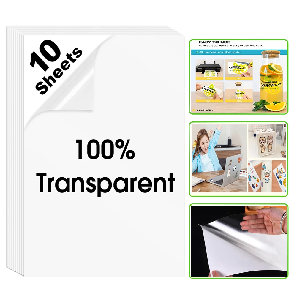 10 Sheets A4 Transparent Vinyl Sticker Paper Clear Glossy Inkjet