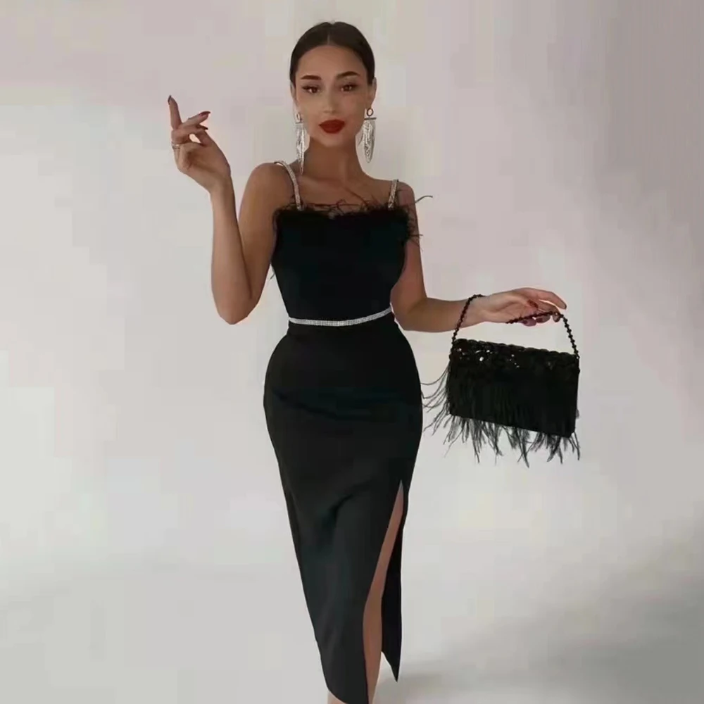 

Sexy Women Black Red White Feathers Beading Cut Out Bandages Dress Elegant Clothing Celebrity Party Club Bodycon Midi Dresses