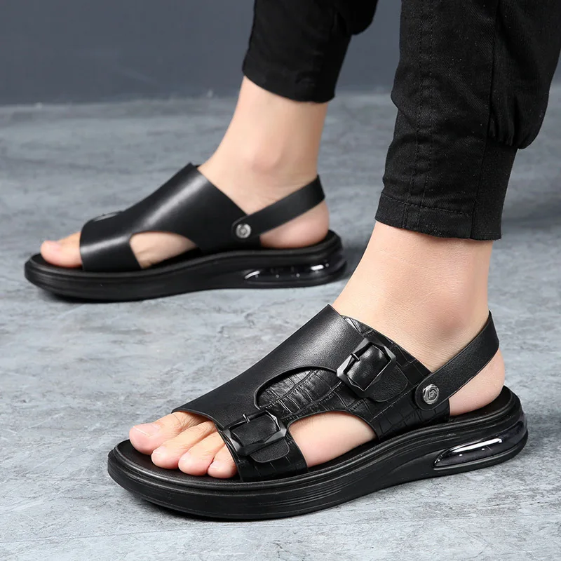 

2022 Genuine Leather Shoes Men Sandals Flat Non-slip Summer Holiday Mens Beach Sandals Cow Leather Male Footwear Black A4518