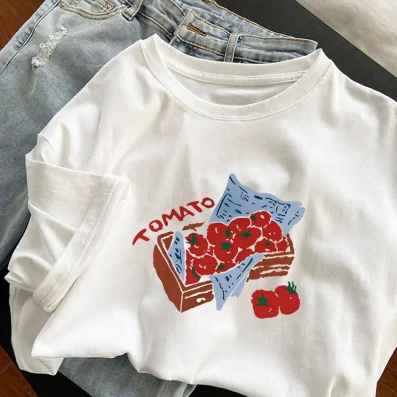 Vintage Tomato Style Sun and Handprint Women's T-Shirt Casual Loose Short Sleeve Top Aesthetic Zodiac Cute Fashion T-Shirt Y2K 3
