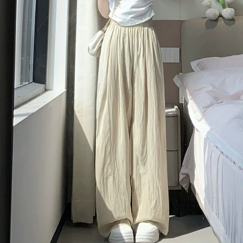 Fashion Elastic Solid Color All-match Folds Straight Pants Female Clothing 2024 Summer New Loose High Waist Casual Trousers