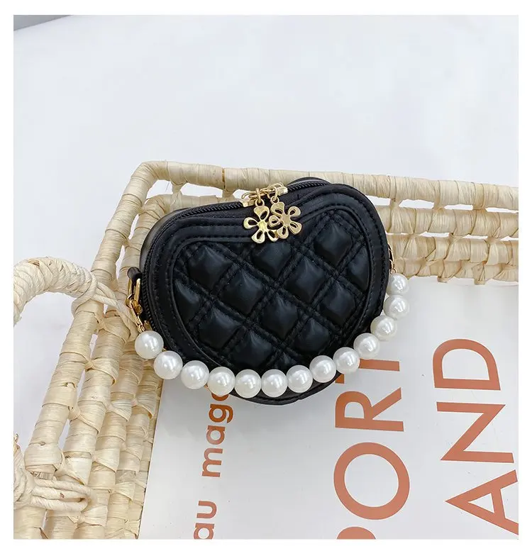 New Small Heart Coin Wallet Pouch Baby Girls Party Pearl Hand Bags Kids Purses Chic Crossbody Bag Ladies Chain Shoulder Bags