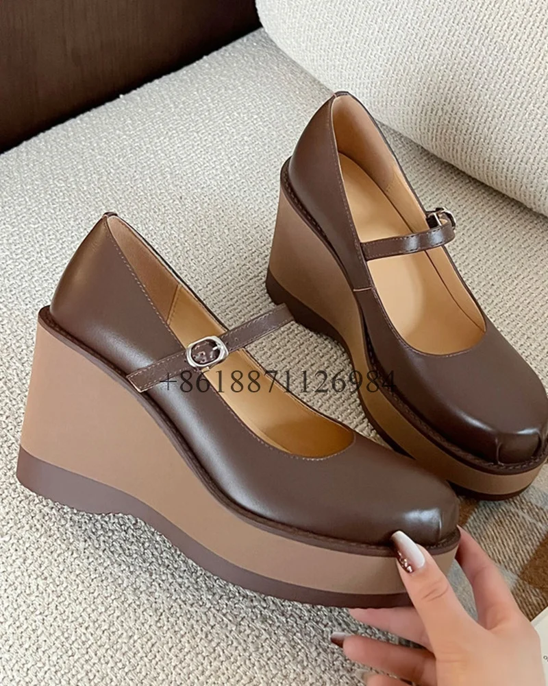 

Brown And Black Genuine Leather Platform Round Toe Women Pumps Shoes Wedge Super High Heels Buckle Strap Design Mary Jane Shoes