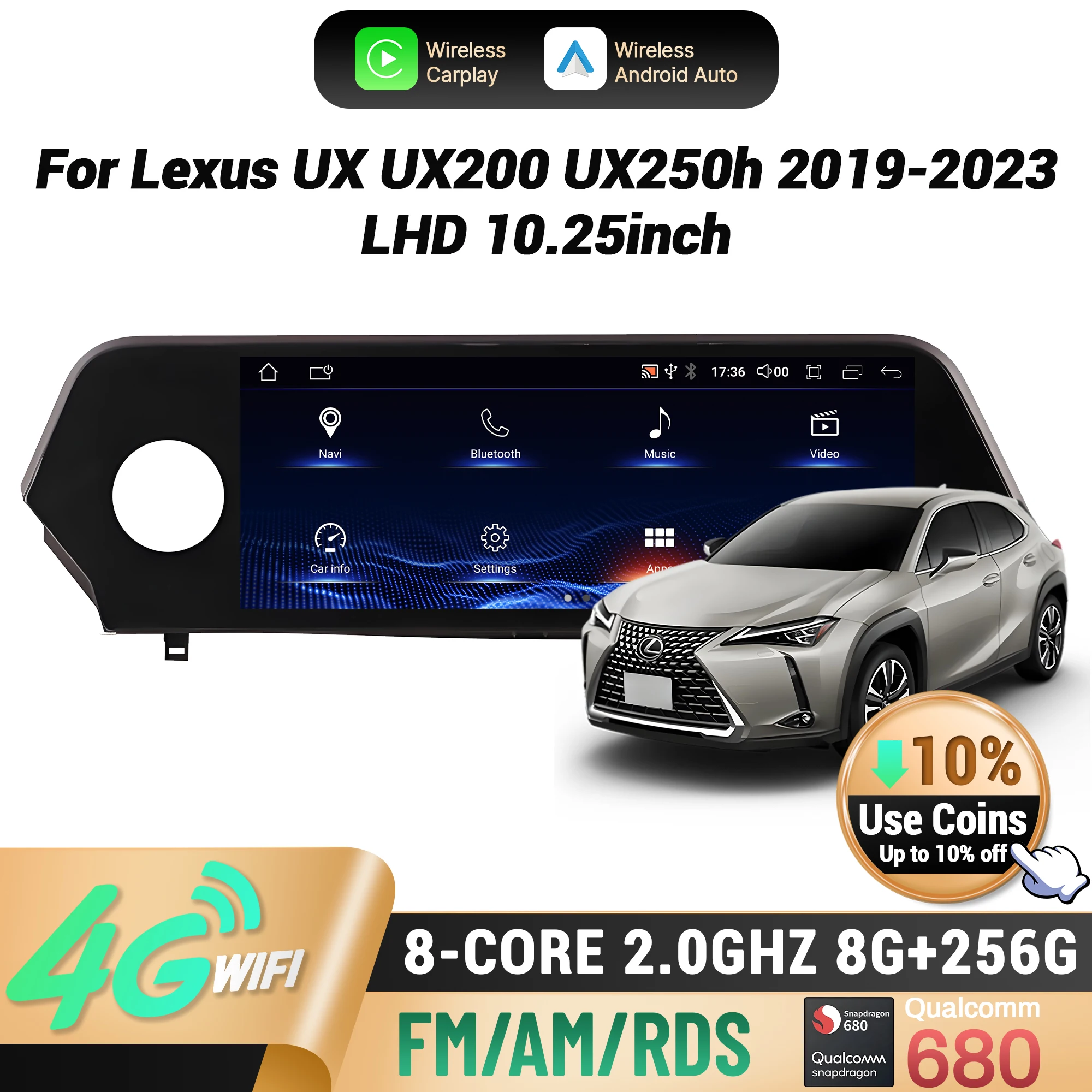 10,25 "con volante a la izquierda para Lexus UX UX200 UX250h 2019-2023 Radio de coche inalámbrico CarPlay Multimedia pantalla Snapdragon 680 1