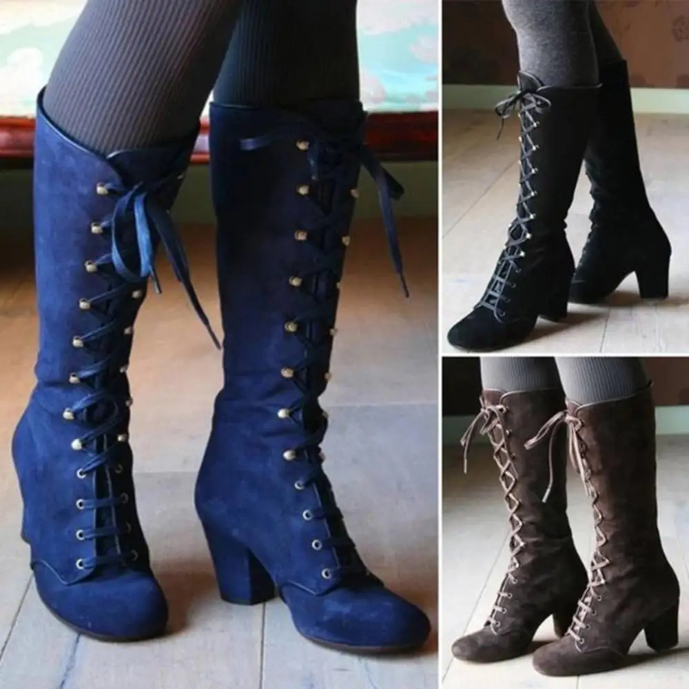 Black boots women Shoes knee high Women Casual Vintage Retro Mid-Calf Boots Lace Up Thick Heels Shoes women knee boots