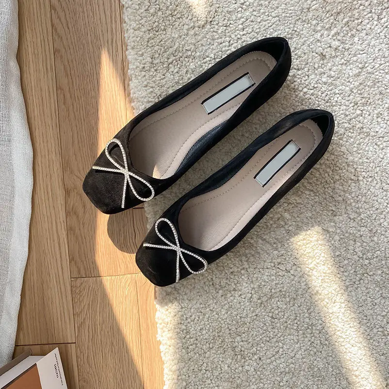Flat Shoes Women's Spring Autumn New 2023 French Square Toe Bow Casual All-match Black Pumps Mules Ladies shoes Plus Size 43 44 5