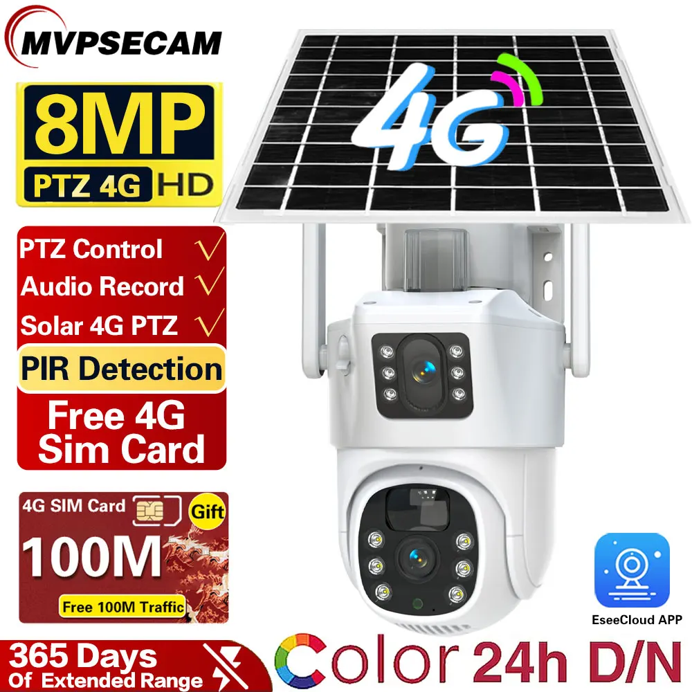 4K 8Mp Solar Power Hunting Trail Ip Camera Outdoor 4G Sim Card Pir Motion Detection Telecamera A Batteria Integrata Audio Bidirezionale Cctv