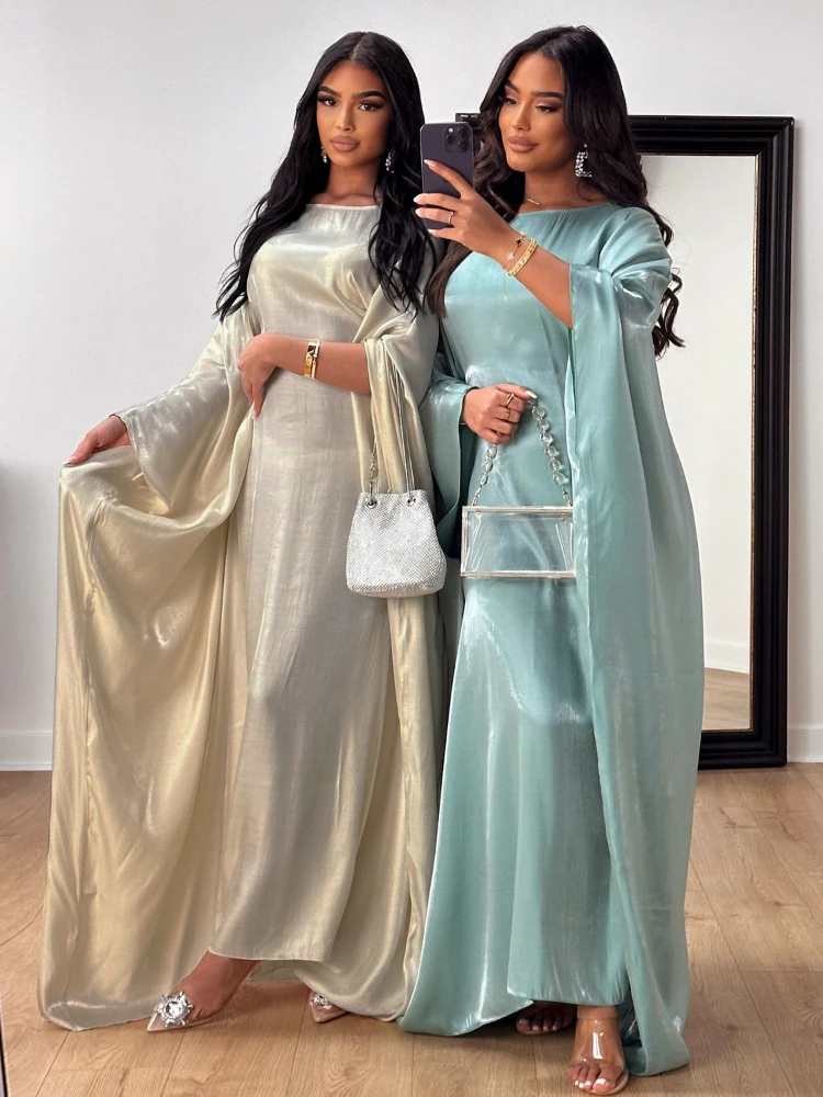 Morocco Party Dress for Women Eid Sliky Abaya Jalabiya Batwing Sleeve Elegant Maxi Vestidos Caftan Arabic Long Robe Kaftan 2024