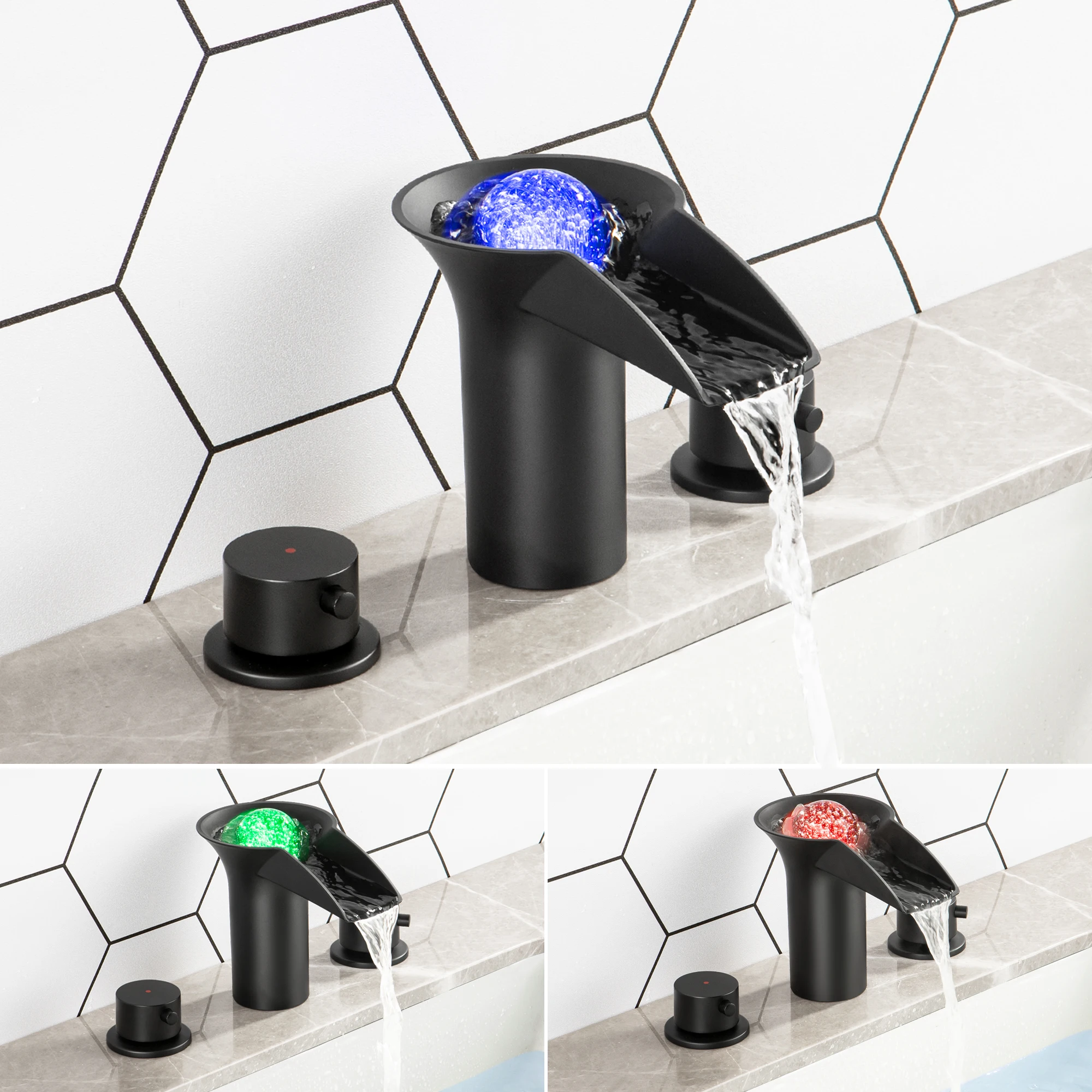 

SKOWLL LED Waterfall Bathroom Sink Faucet Deck Mount Vanity Faucer 3 Hole Basin Faucet, Black