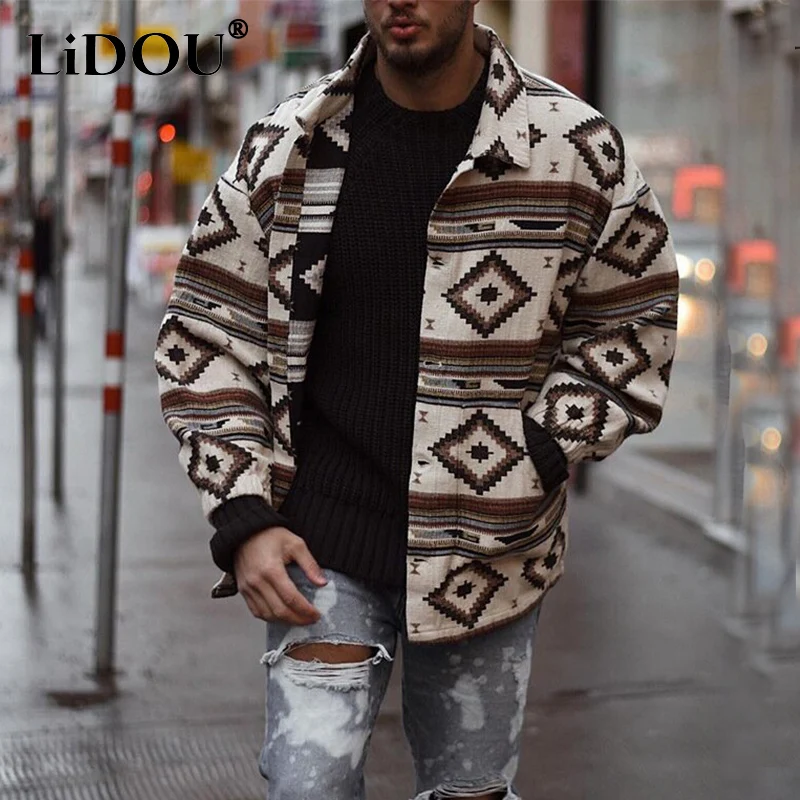 Autumn Winter Print Fashion Geometric Patterns Jackets Man Long Sleeve Loose Casual Coats Male Vintage All Match Homme Clothes