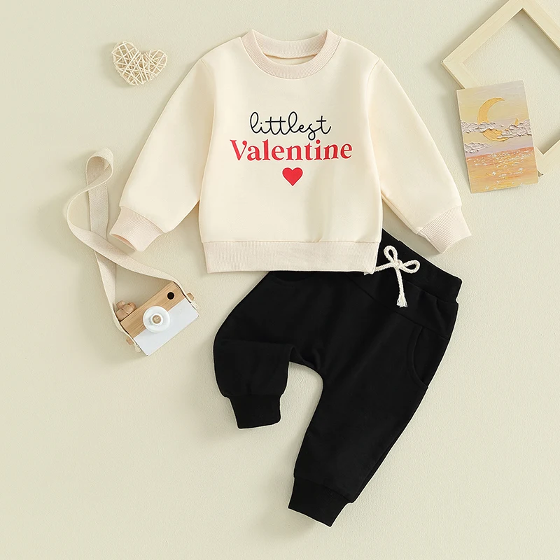 

Toddler Baby Boys Girls Valentine's Day Outfits Heart Letter Print Long Sleeve Sweatshirts Solid Long Pants 2Pcs Clothes Set