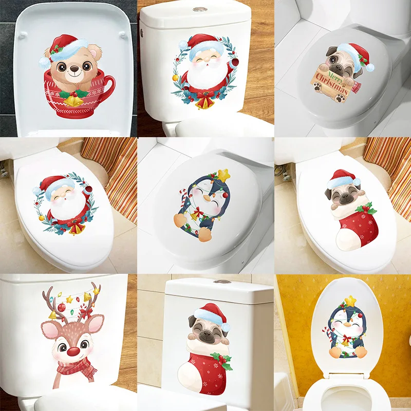 Buon Natale Cartoon Toilet Sticker Babbo Natale Pupazzo Di Neve Alce Window Sticker Rimovibile Christmas Wall Sticker Kids Room Decor