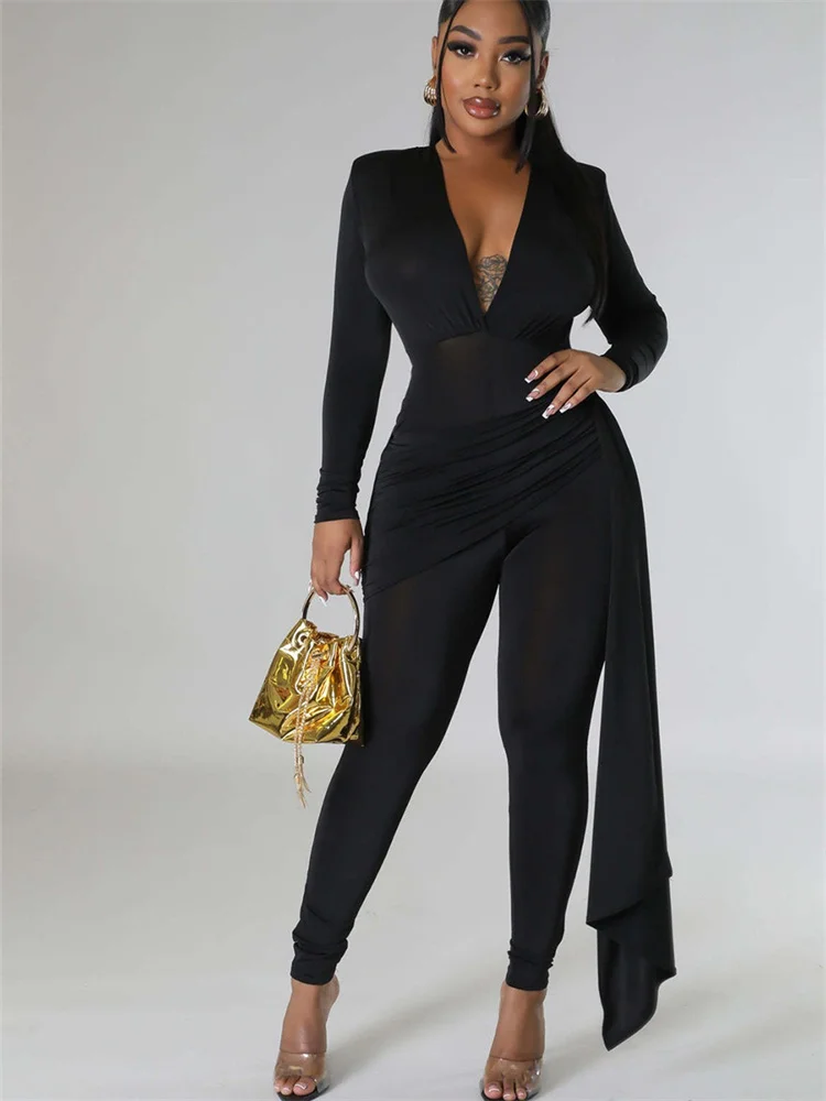 Wmstar Women Jumpsuit Fashion Deep V Neck  Sexy Bodycon Overalls Lady Office Solid Color Bodycon Rompers Wholesale Dropshipping