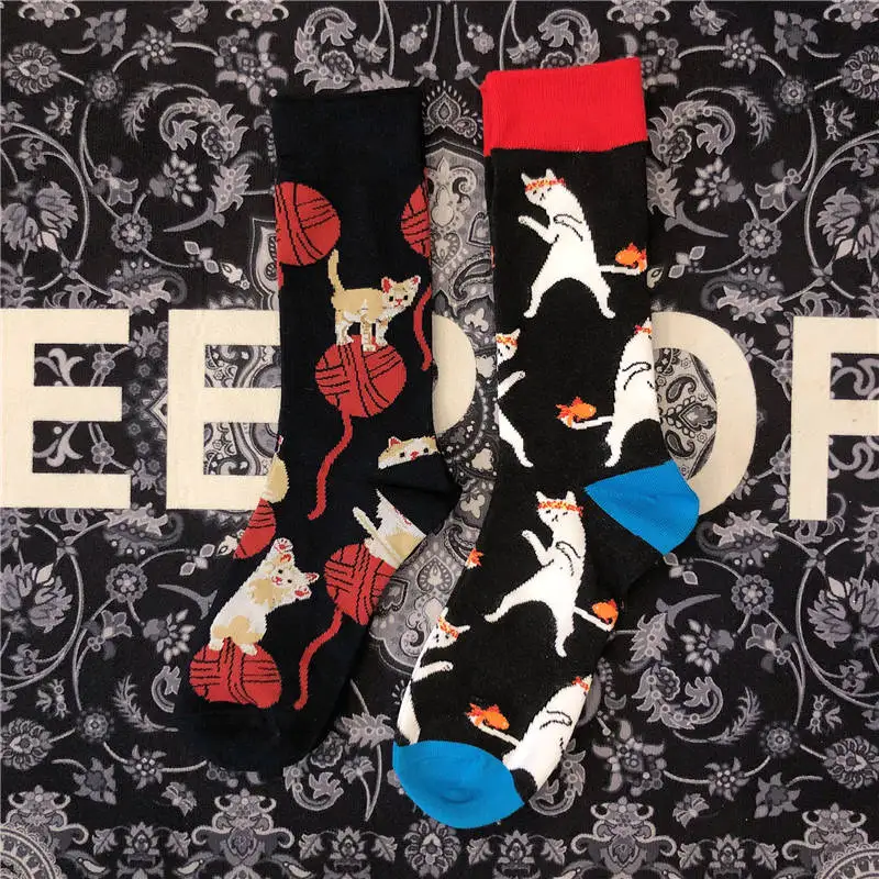 

Взрослые хлопковые носки, мультяшный кунг-фу, белый котенок, киска, Оранжевый кот, маленький котенок, синий, красный вязаный шерстяной мяч, уличная мода, Sox