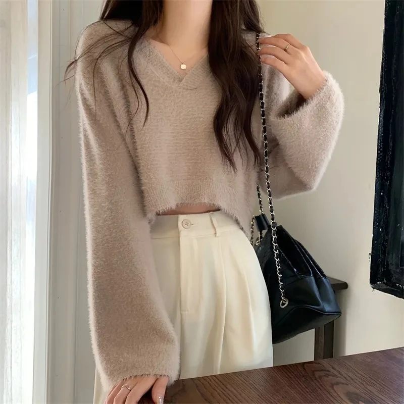 

Yasuk Autumn Winter Casual Pullover Women Solid Knitted Long Sleeve Pullover Sweater Soft Plush Imitation Mink Bandage Short