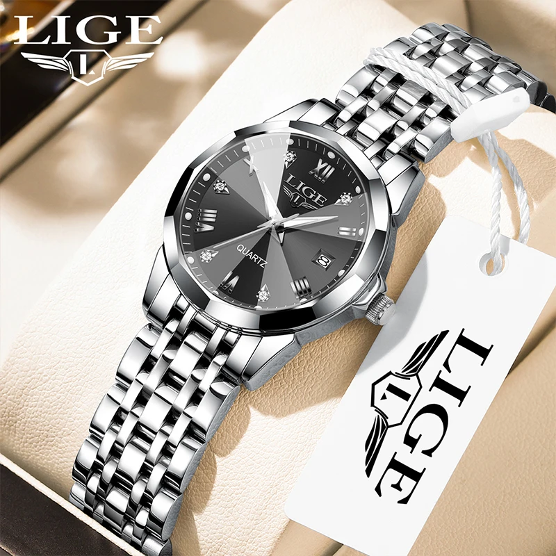 LIGE Luxury Quartz Watch Fashion Outdoor Sport Stainless Steel Strap Women Watches Calendar Waterproof Ladies Watch Casual Clock 5